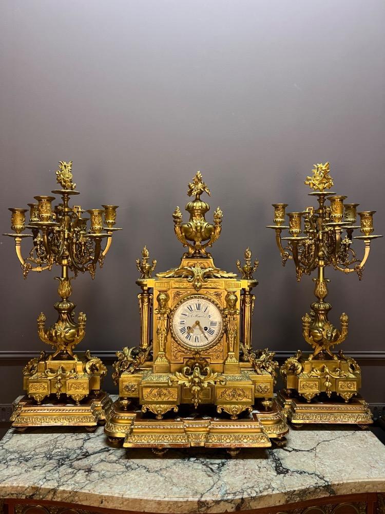 Gilt bronze louis xvi style clock set